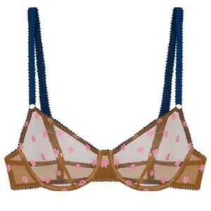 Dora Larsen 32e Floral Embroidered Sheer Bra - Brown and Navy